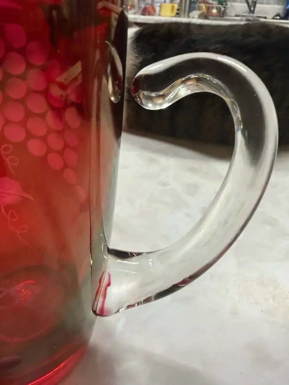 Vintage Ruby Red Glass Pitcher With Frosted Grape-And-Vine Motif And Clear Appli